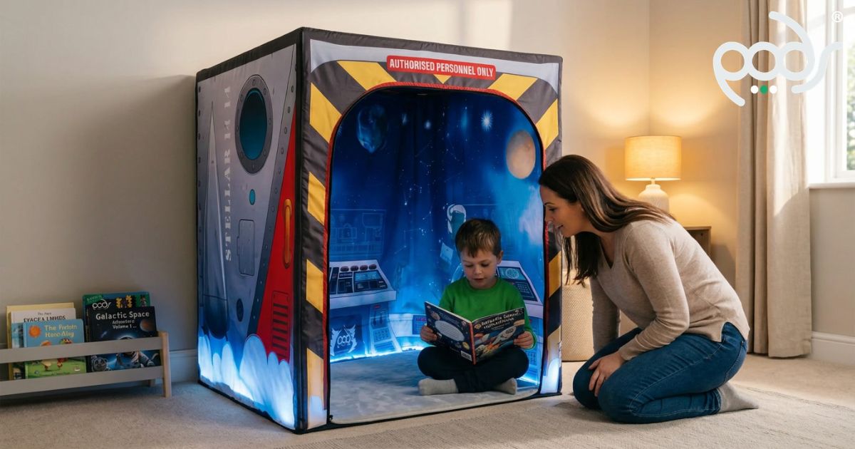 Child and parent reading beside a correctly scaled PODSgo Galactic Space Bundle in a calm bedroom.