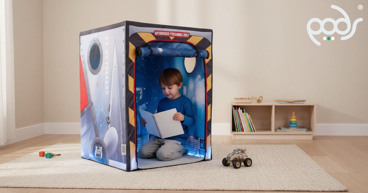 Child beginning a space mission beside a compact PODSgo Galactic Space play tent.