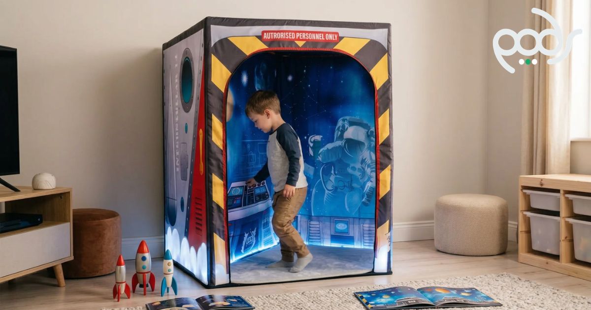 Child beginning imaginative space play inside a correctly scaled PODSgo Galactic Space tent in a family playroom.