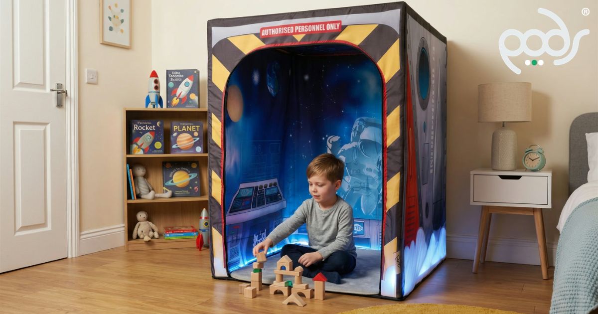 Child creating a space adventure beside a PODSgo Galactic Space tent in an independent play corner.
