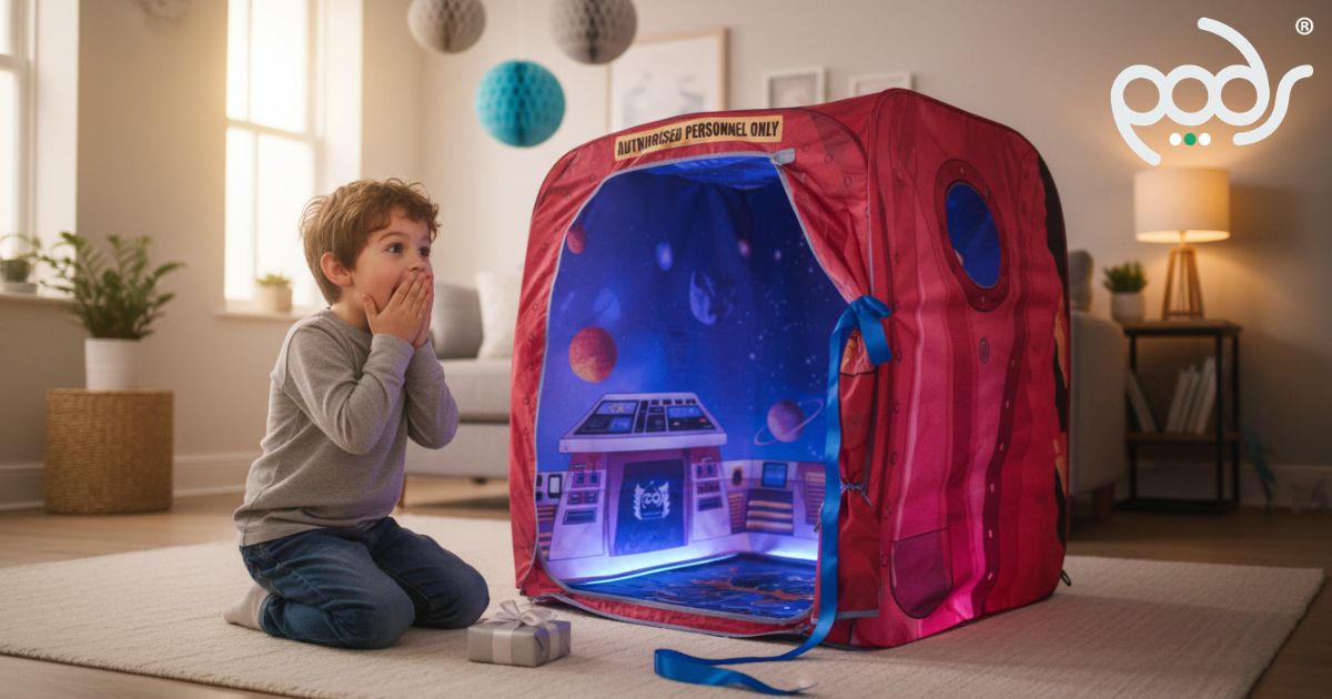 Child discovering a PODSpop Galactic Space Adventure during a simple birthday reveal.