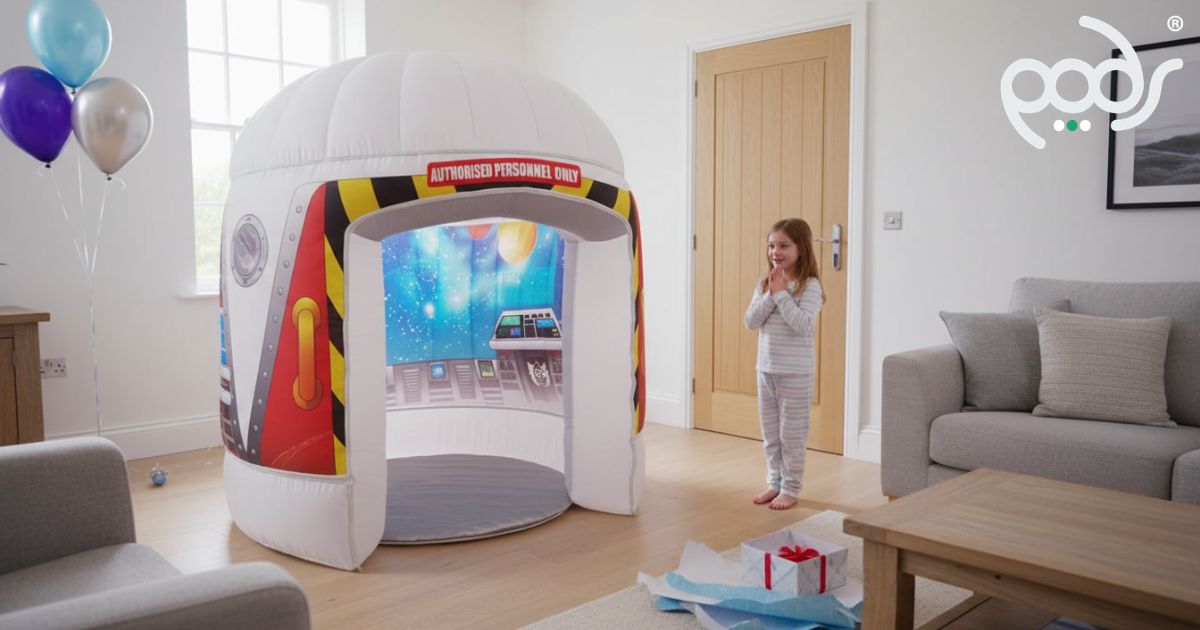 Child discovering a full-size Galactic Space Adventure PODS as a large birthday gift in a bright family living room.