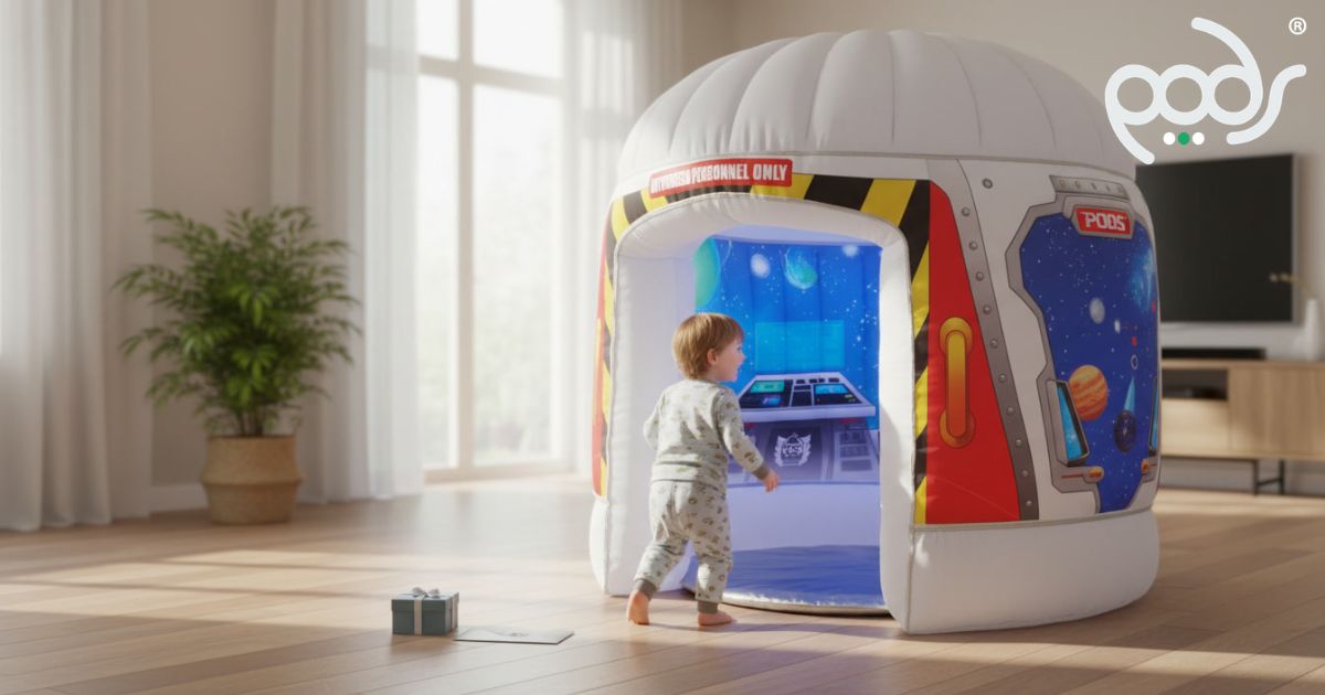 Child discovering a full-size Galactic Space Adventure PODS during a simple birthday-morning reveal.