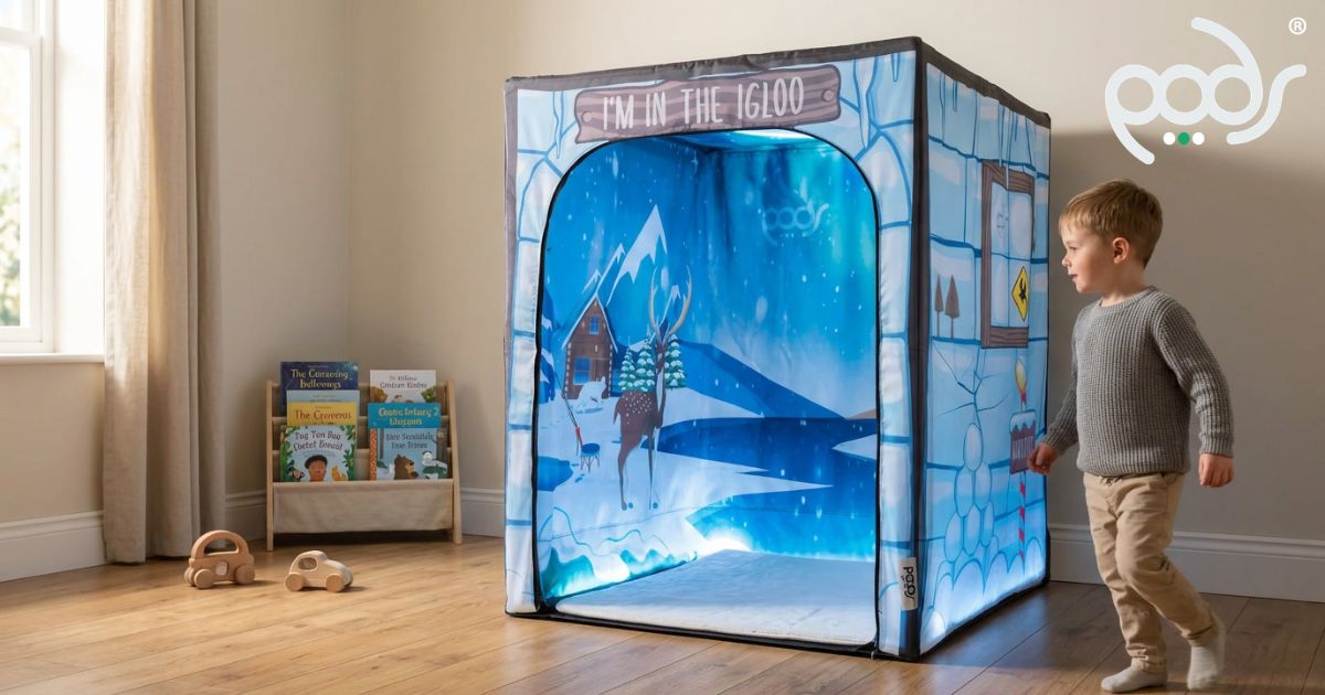 Child entering a correctly scaled PODSgo Polar Ice Igloo in a softly lit family playroom.