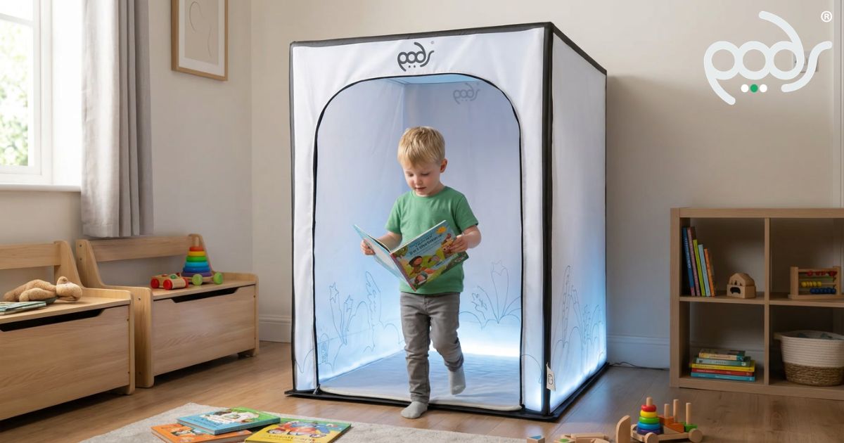 Child entering a correctly scaled PODSgo Whiteout in a neutral family living room with books and toys nearby.