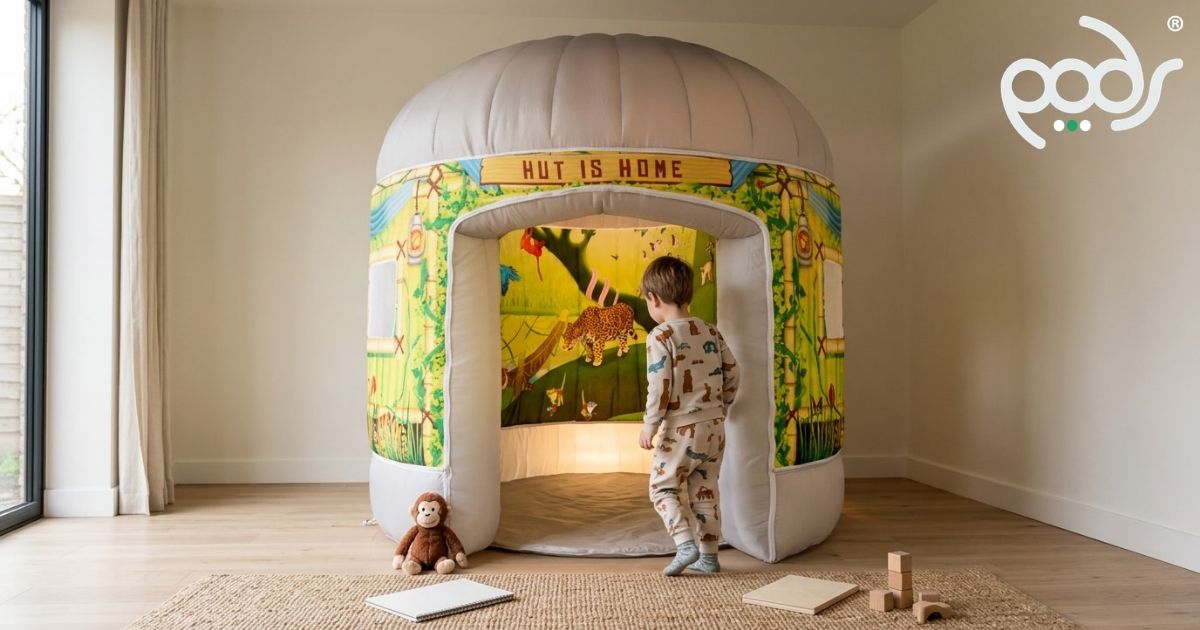 Child entering a full-size PODS Rumble in the Jungle play tent in a naturally lit home playroom.