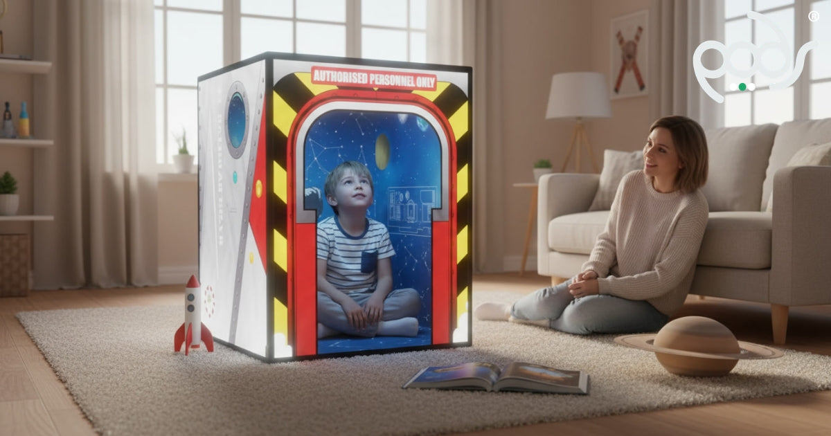Child exploring a Galactic Space Adventure PODSgo in a family playroom
