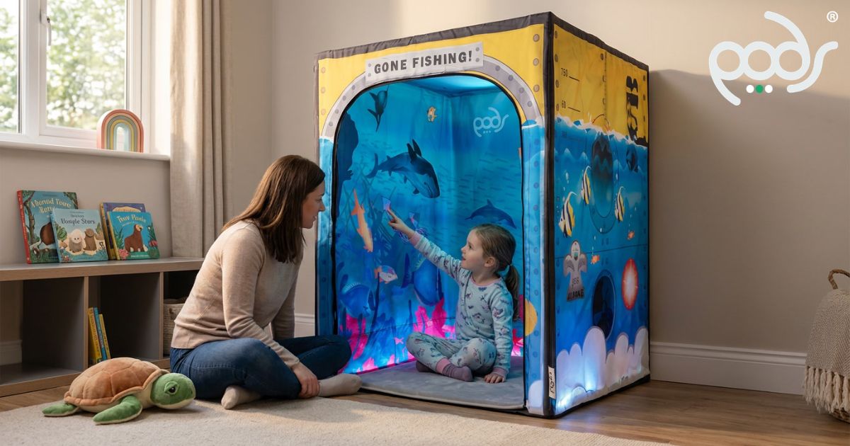 Child exploring a correctly scaled PODSgo Sub Aqua Adventure Bundle with a parent in a family living room.