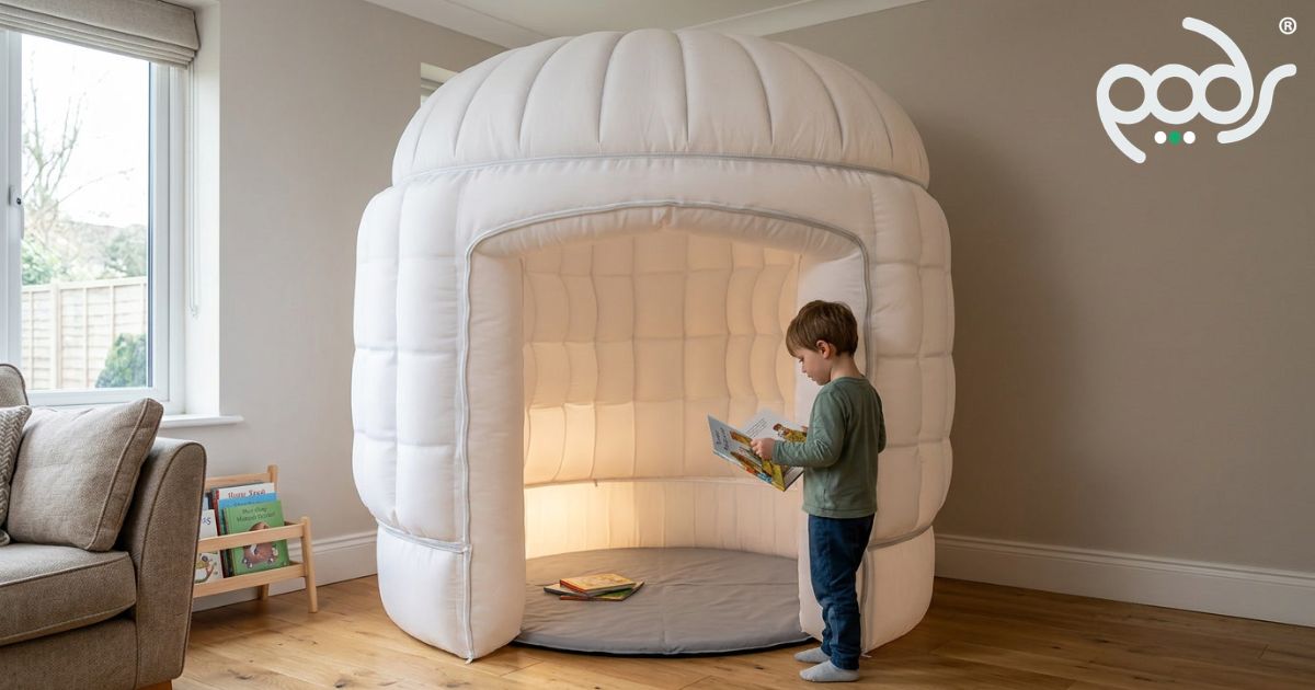 Child holding a book beside a correctly scaled white PODS Fundamentals sensory tent in a softly lit living room.