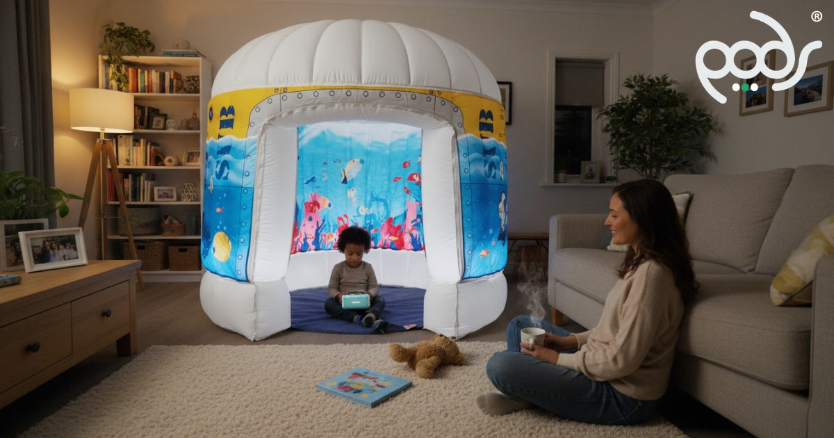 Child listening to an audio story inside a real Sub Aqua Quest PODS play space