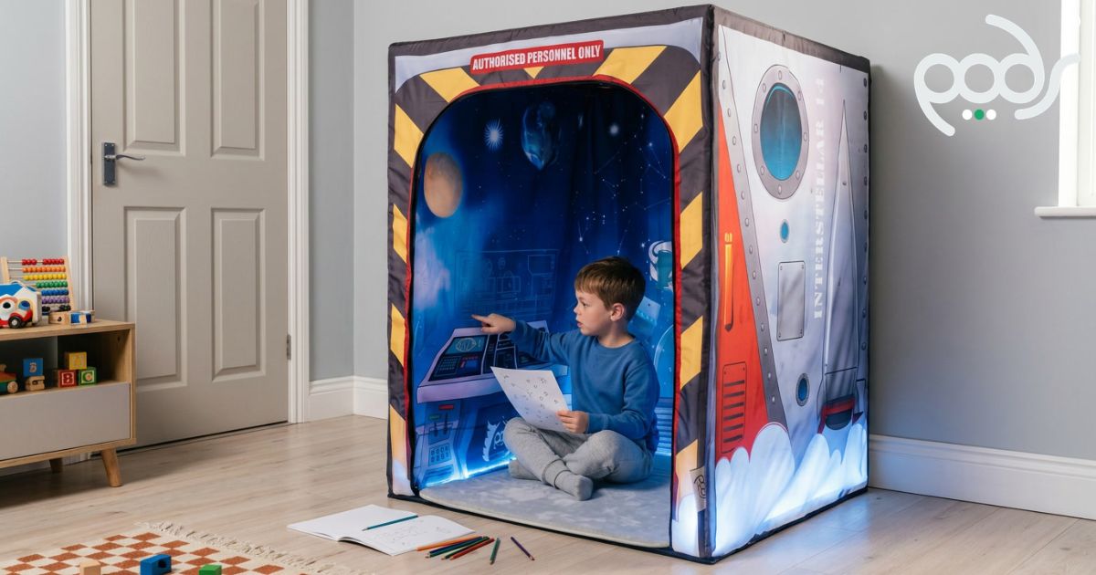 Child planning an imaginary space mission inside a Galactic Space PODSgo play den.