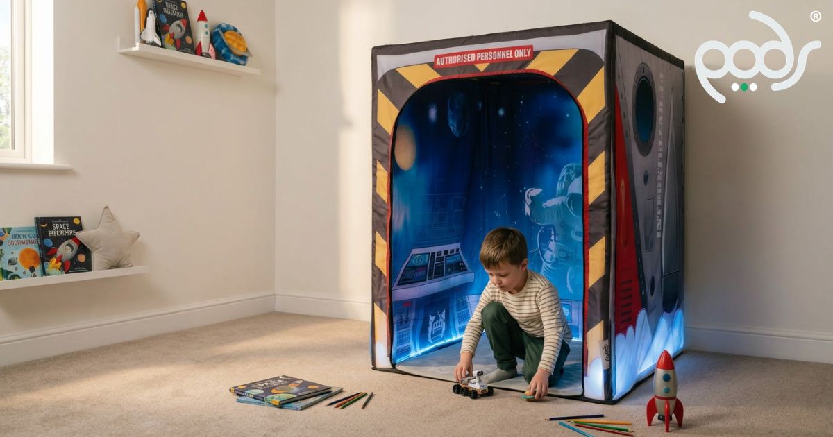 Child playing beside a correctly scaled PODSgo Galactic Space Bundle in a contemporary home playroom.