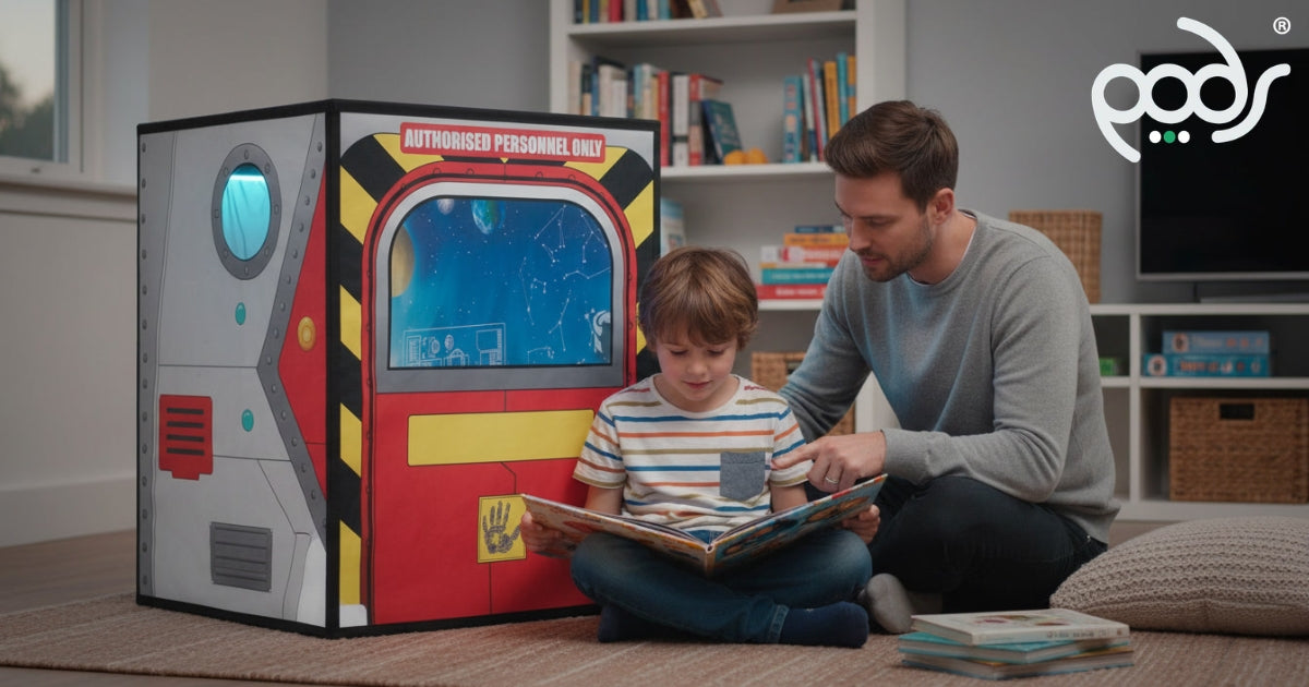 Child reading a space book inside a compact Galactic Space PODSgo while a parent sits nearby.