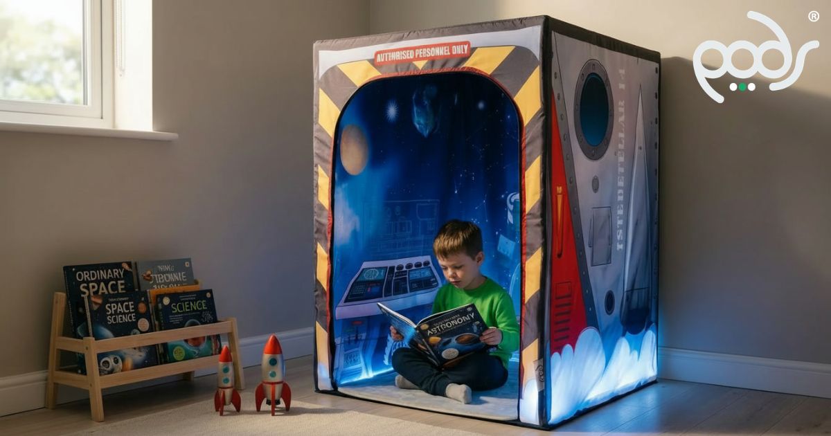 Child reading a space book inside a correctly scaled PODSgo Galactic Space tent in a playroom.