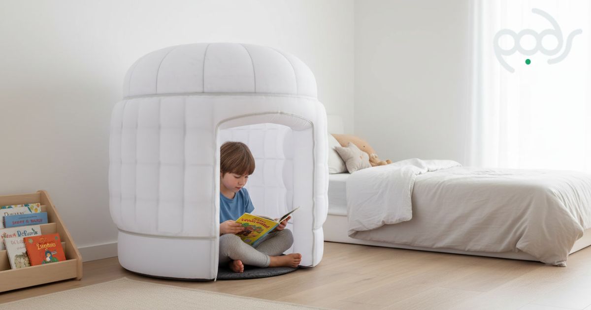 Child reading inside a PODSmini Fundamentals quiet corner in a bright bedroom.