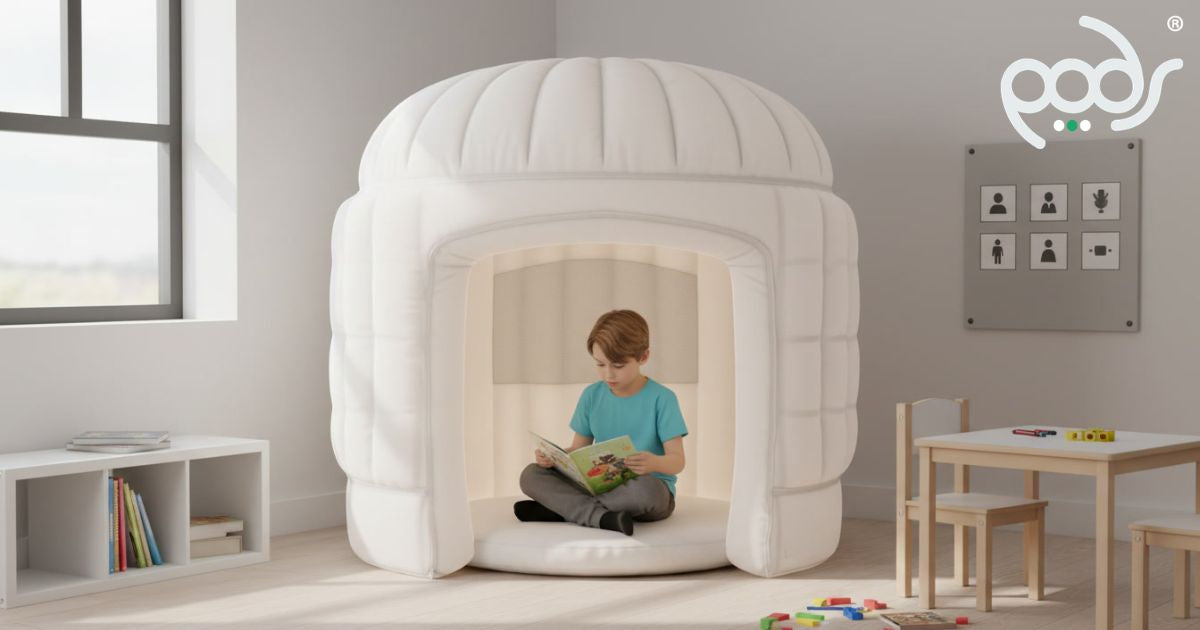 Child reading inside a correctly scaled PODS Fundamentals sensory tent in a quiet SEN classroom corner.