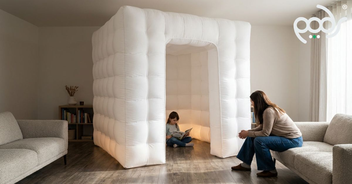 Child reading inside a full-size Therapy PODS Fundamentals sensory space in a family home.