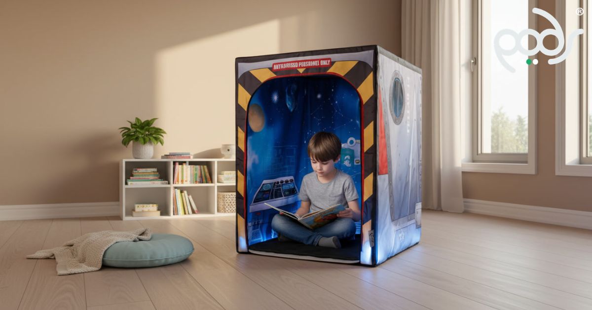 Child reading quietly inside a Galactic Space PODSgo in a softly lit home playroom.