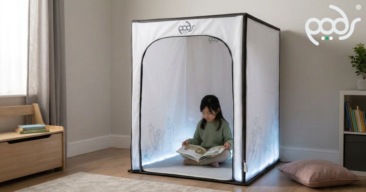 Child reading quietly inside a correctly scaled PODSgo Whiteout sensory play tent in a calm home playroom.