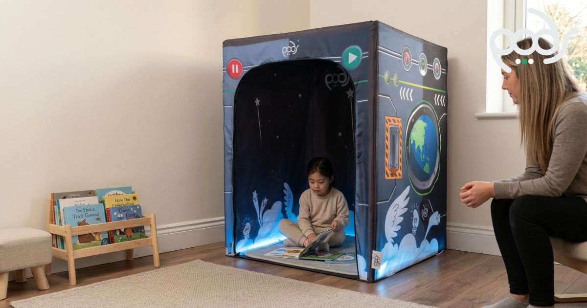 Child relaxing inside a correctly scaled PODSgo Blackout regulation space with a parent nearby.