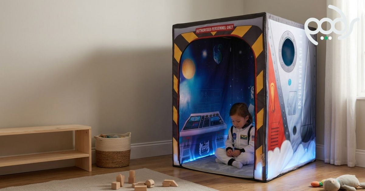 Child relaxing inside a correctly scaled PODSgo Galactic Space sensory tent in a softly lit playroom.