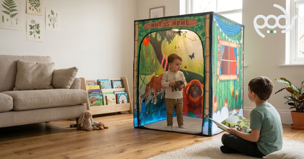 Children enjoying imaginative play beside a PODSgo Rumble in the Jungle sensory tent in a family living room.