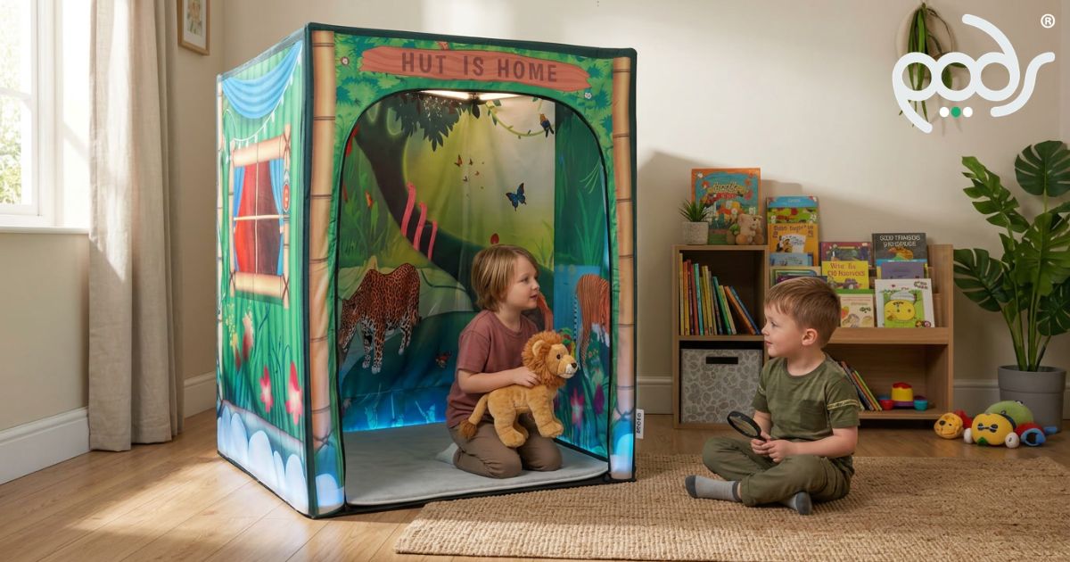 Children enjoying imaginative play with a PODSgo Rumble in the Jungle sensory tent in a family playroom.