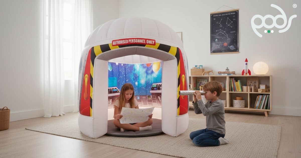 Children enjoying imaginative space role play beside a full-size PODS Galactic Space Adventure sensory play tent.