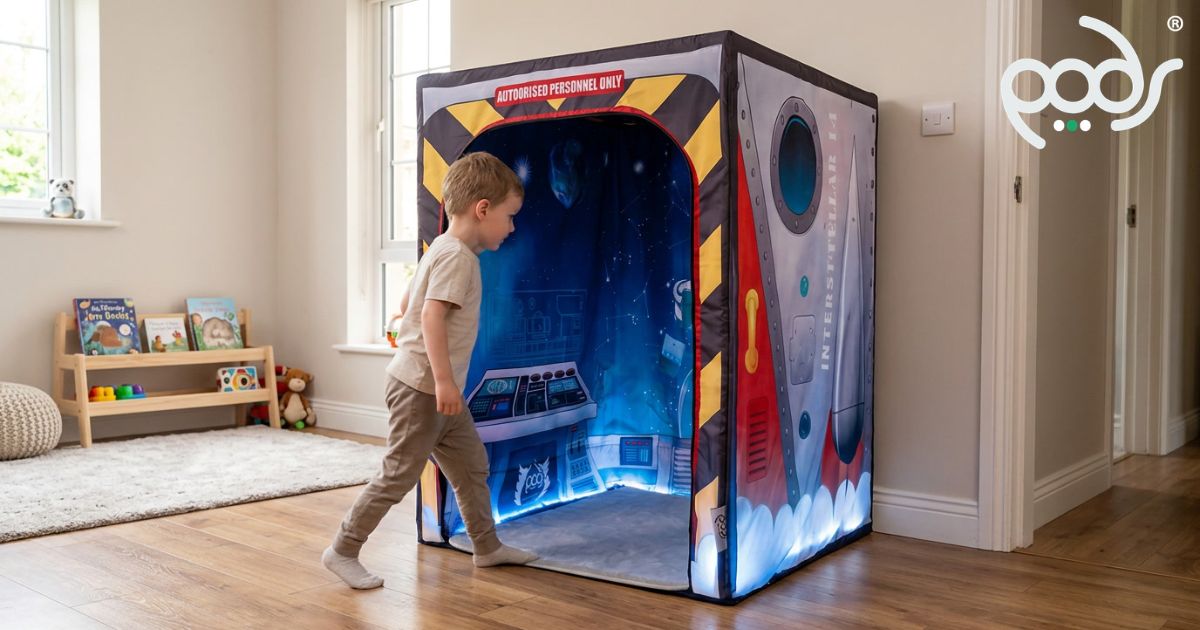 Four-year-old entering a correctly scaled Galactic Space PODSgo in a contemporary family room.