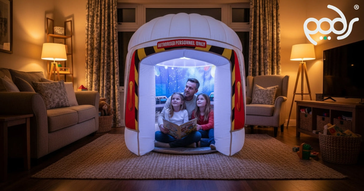 Full-size PODS Galactic Space Adventure with a parent and two children sharing a story inside.