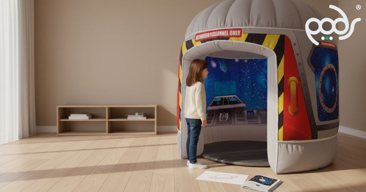 Girl preparing to explore a full-size Galactic Space Adventure POD in a modern family playroom