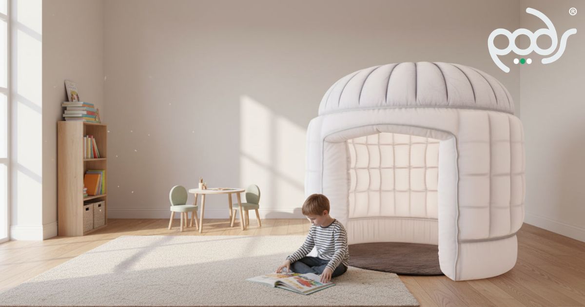 PODS Fundamentals sensory play tent softly illuminated in a modern family playroom.