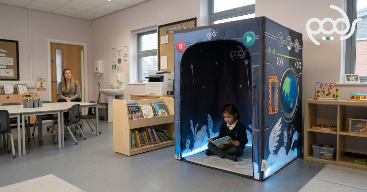 PODSgo Blackout Adventure Bundle positioned in a quiet school classroom corner with a child reading inside.