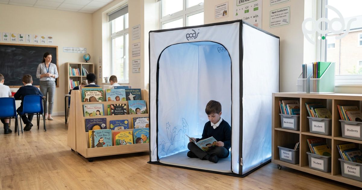 PODSgo Whiteout sensory space positioned in a quiet primary-school classroom corner with a pupil reading inside.