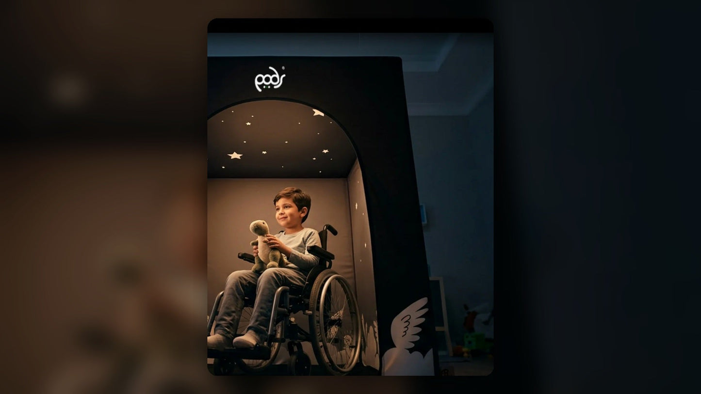 PODSgo sensory tent used as a calm space alongside a weighted blanket routine.