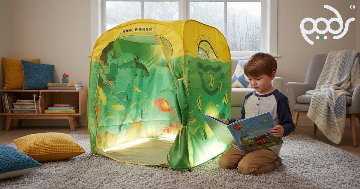 PODSpop Sub Aqua Quest adventure portal set up in a warm living room while rain falls outside.