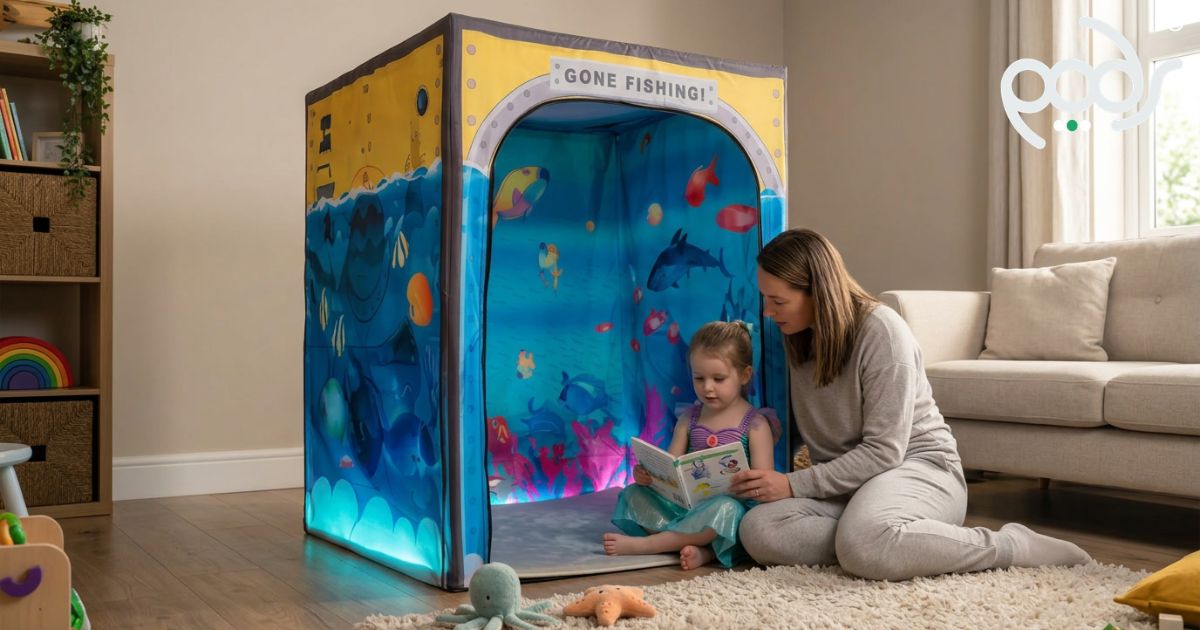 Toddler enjoying storytime inside a PODSgo Sub Aqua sensory play tent with soft blue lighting.