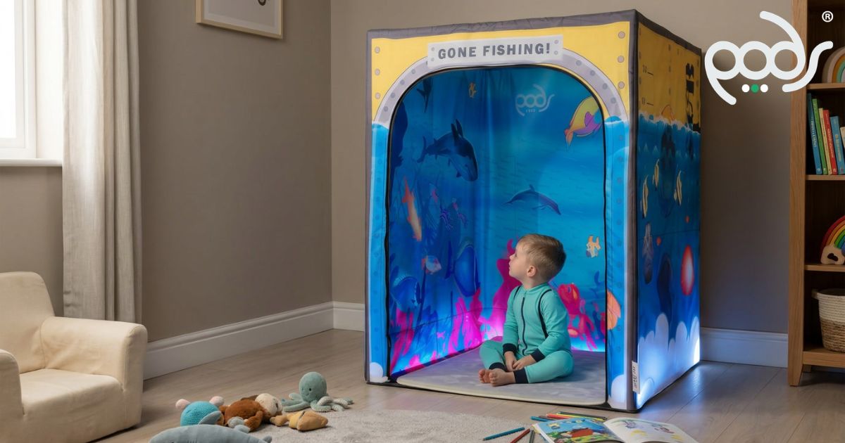 Toddler playing inside a Sub Aqua PODSgo sensory play tent in a family playroom.
