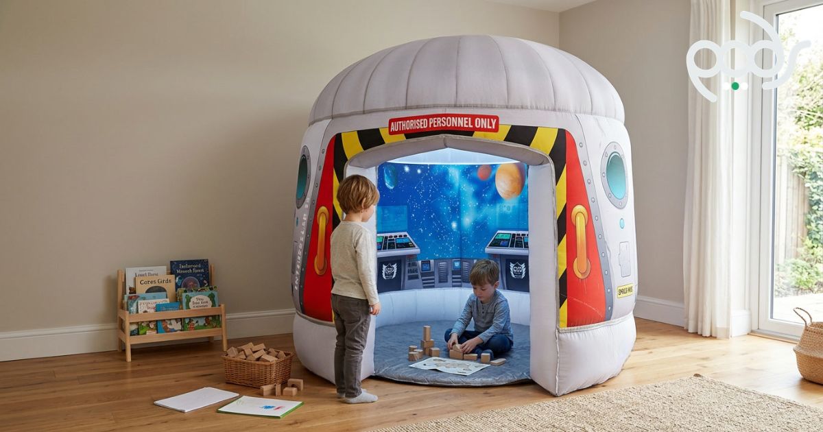 Two children enjoying screen-free imaginative play around a full-size PODS Galactic Space Adventure in a family playroom.