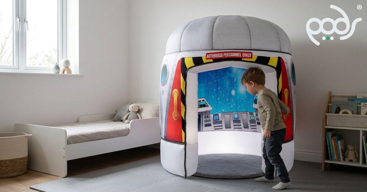 Young child entering a correctly scaled PODSmini Galactic Space Adventure in a compact bedroom.