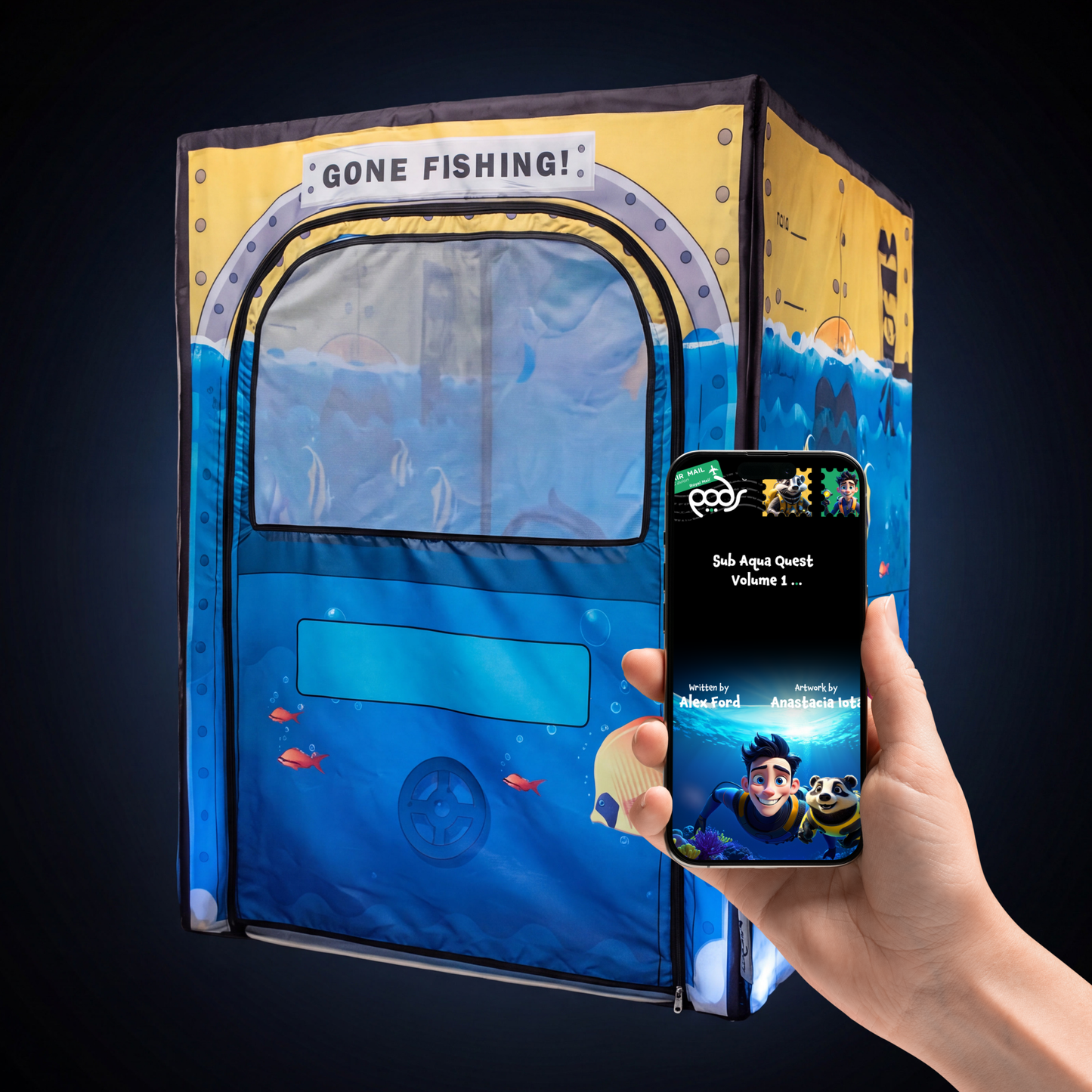 PODSgo Sub Aqua Quest Adventure Bundle shown with the front door attached – kids' sensory play tent by PODS Play