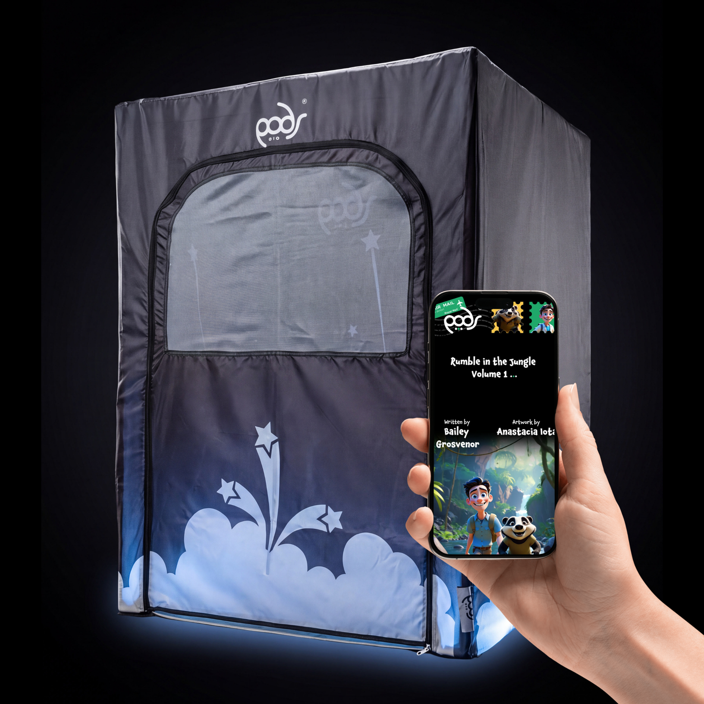 PODSgo Blackout Adventure Bundle shown with the front door attached – kids' blackout sensory play tent by PODS Play
