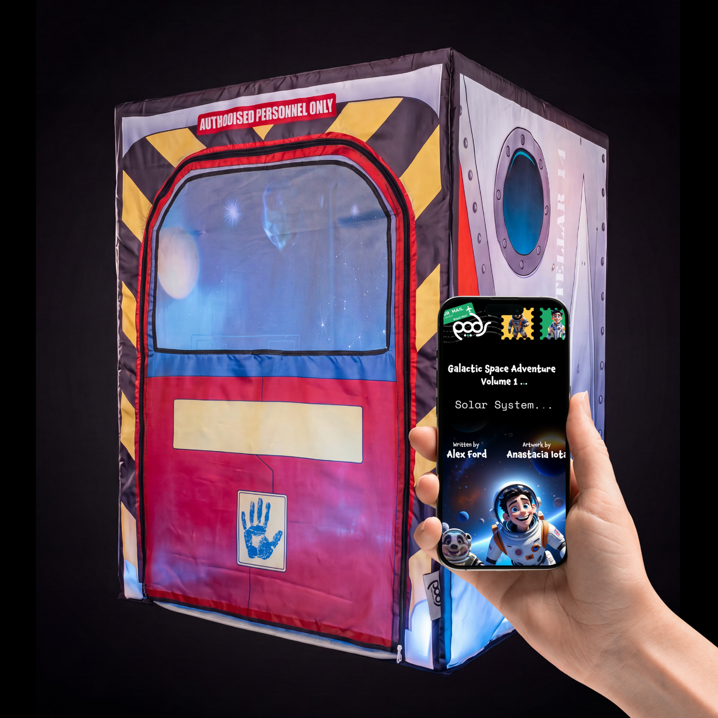PODSgo Galactic Space Adventure Bundle shown with the front door attached – kids' sensory play tent by PODS Play
