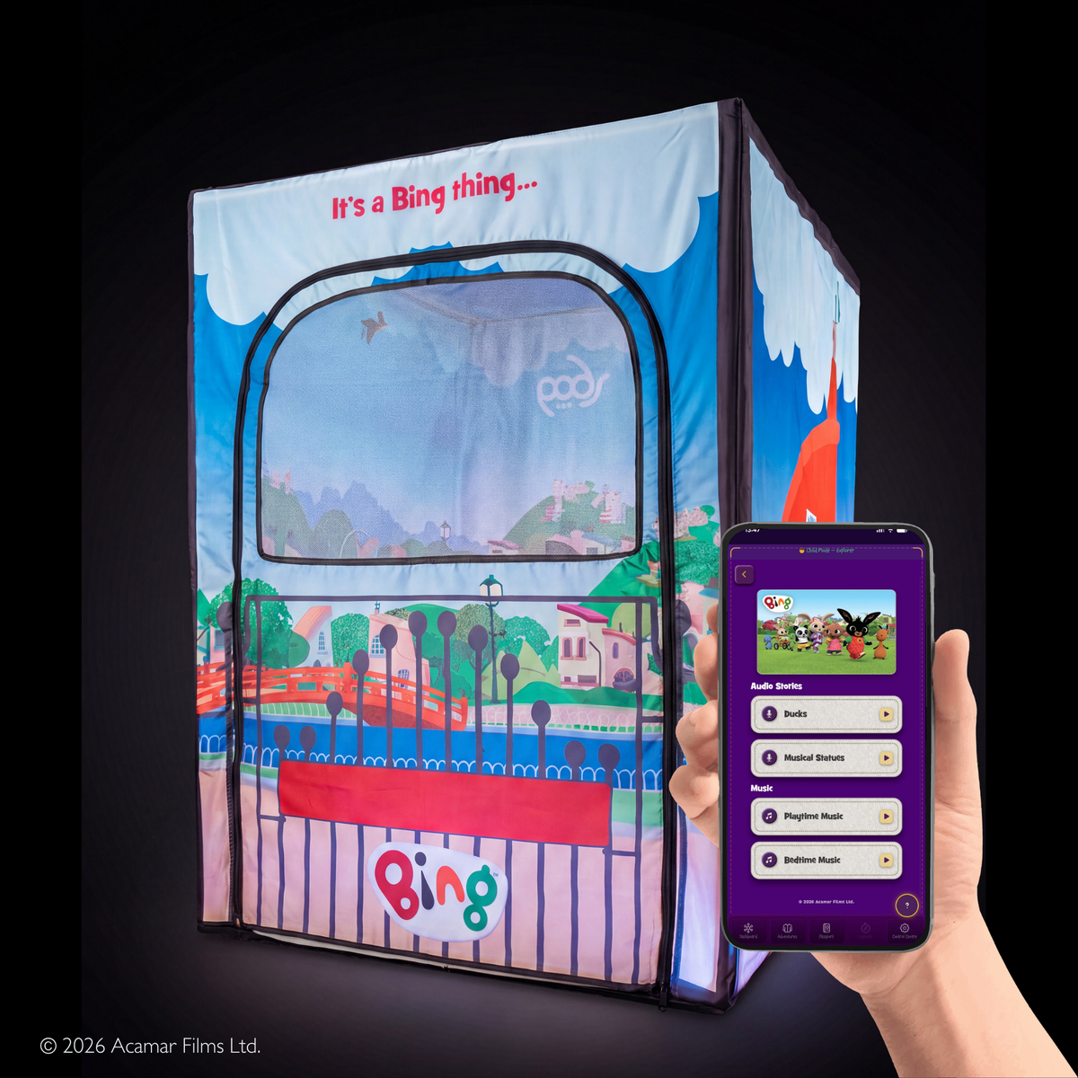 PODSgo Bing with the gate door on, Bing's street outside, and the PODS Play app open on a phone
