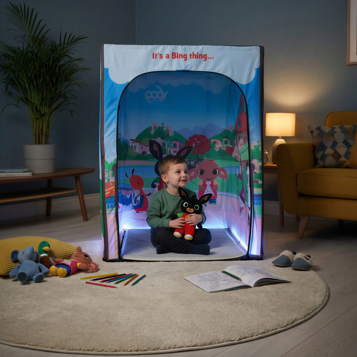 Bing PODSgo pop up play tent in a living room, view 1