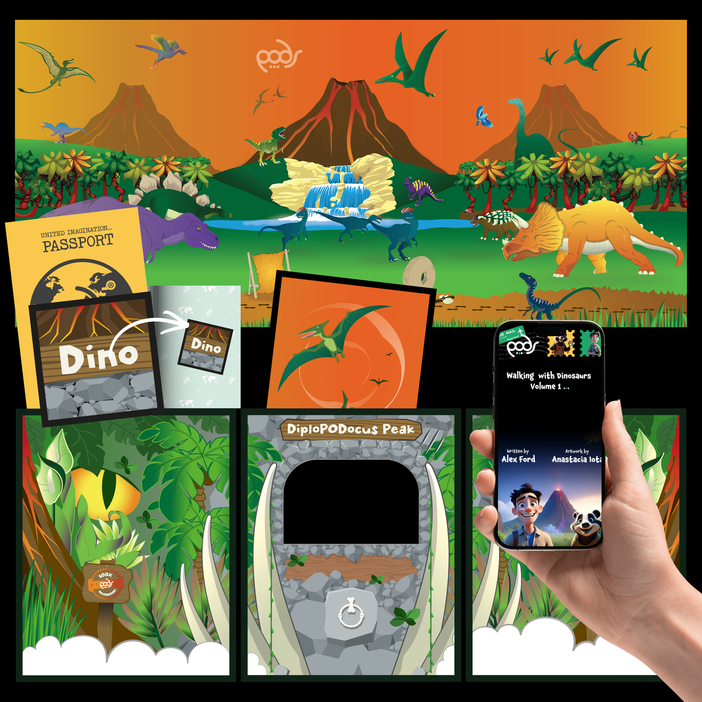 PODSgo Walking with Dinosaurs Adventure Jacket Set – prehistoric dinosaur-themed inner and outer jackets for a PODSgo play space.