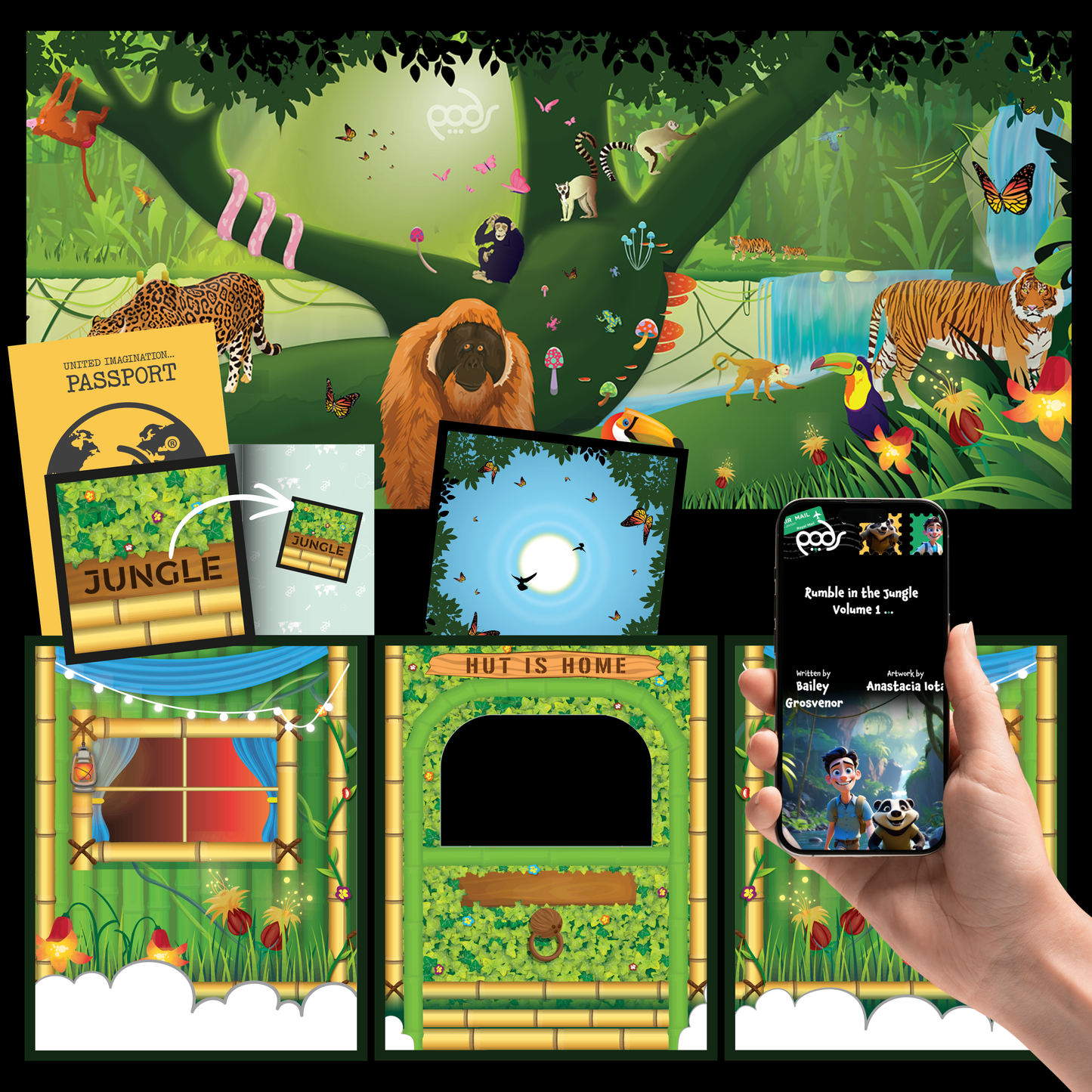 PODSgo Rumble in the Jungle Adventure Jacket Set – tropical jungle-themed inner and outer jackets for a PODSgo sensory play space.