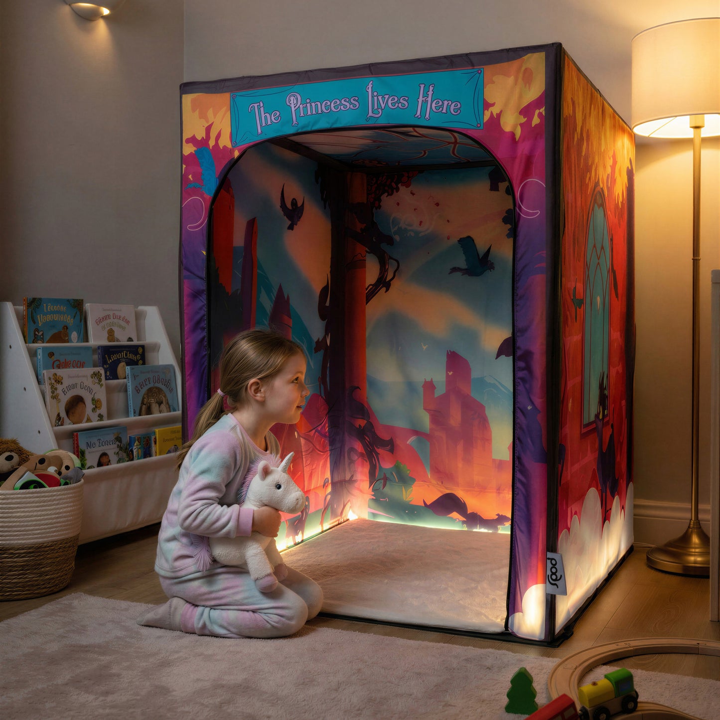 Magical Princess Palace PODSgo pop up play tent in a child bedroom, view 3