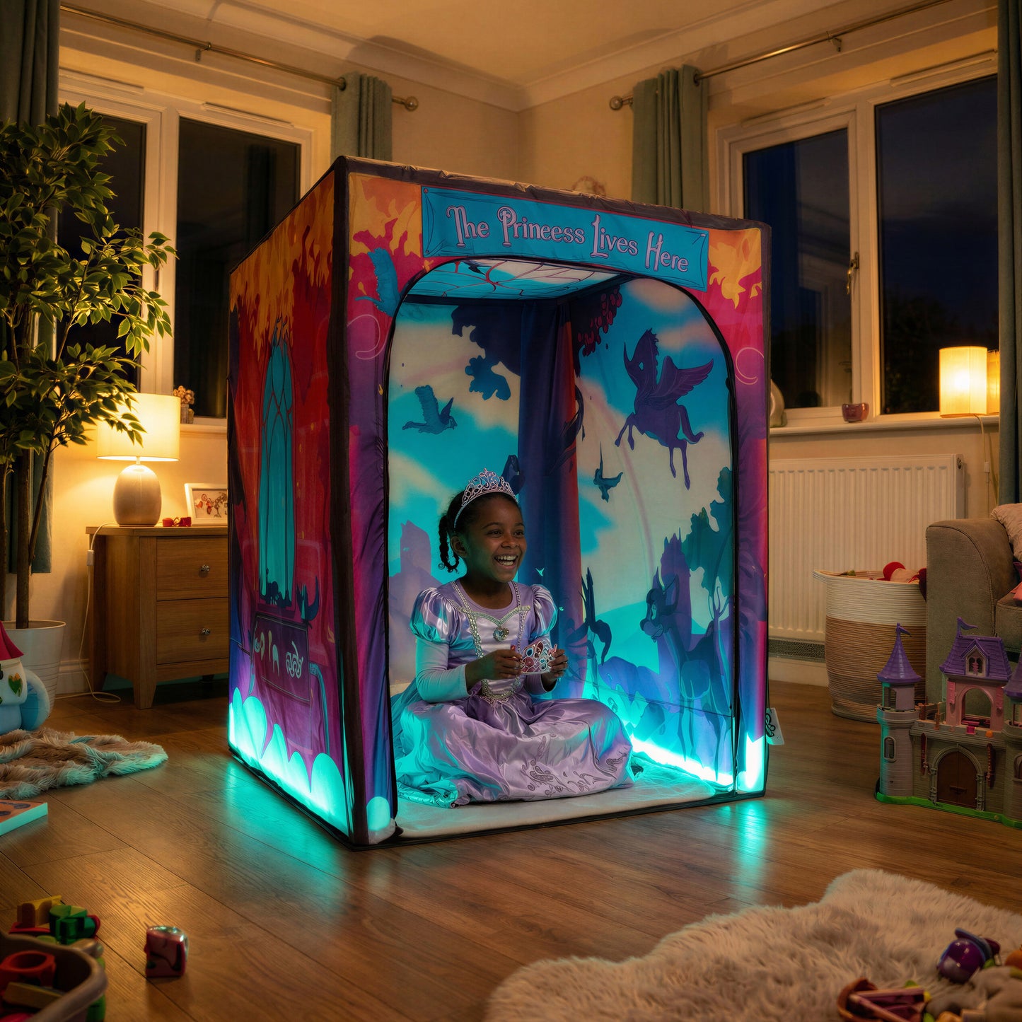 Magical Princess Palace PODSgo pop up play tent in a living room, view 1