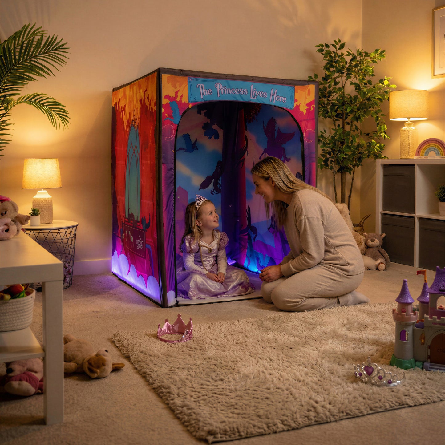 Magical Princess Palace PODSgo pop up play tent in a living room, view 2